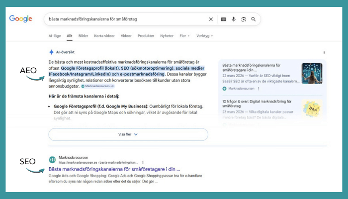 Sökresultat på Google som visar SEO vs AEO.